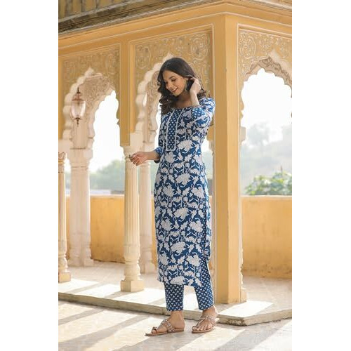 ANNI DESIGNER Women's Cotton Blend Straight Printed Kurta with Pant (Pustak Blue-BFV_XL_Blue_X-Large)