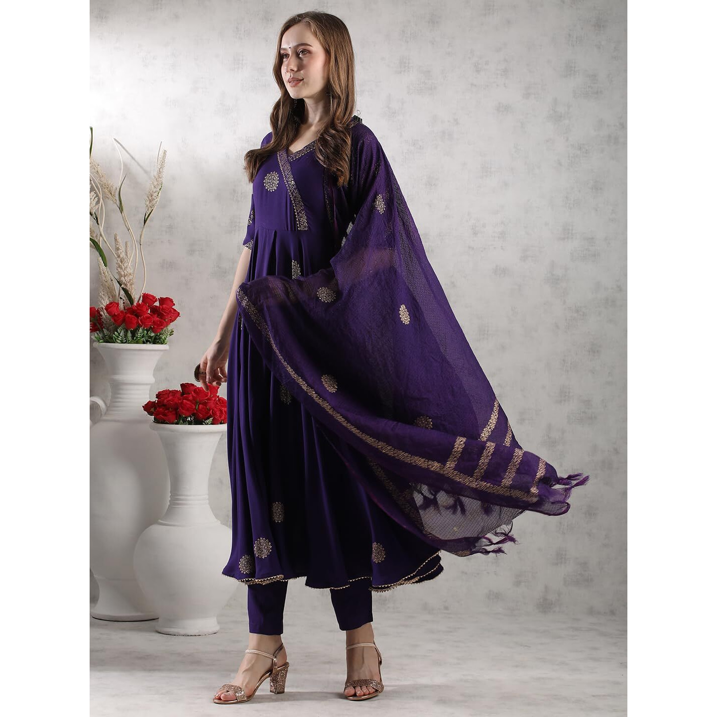 ANNI DESIGNER Women's Rayon Blend Anarkali Printed Kurta with Pant & Dupatta (Berlin BEGANI-VKS05_S_Begani_Small)