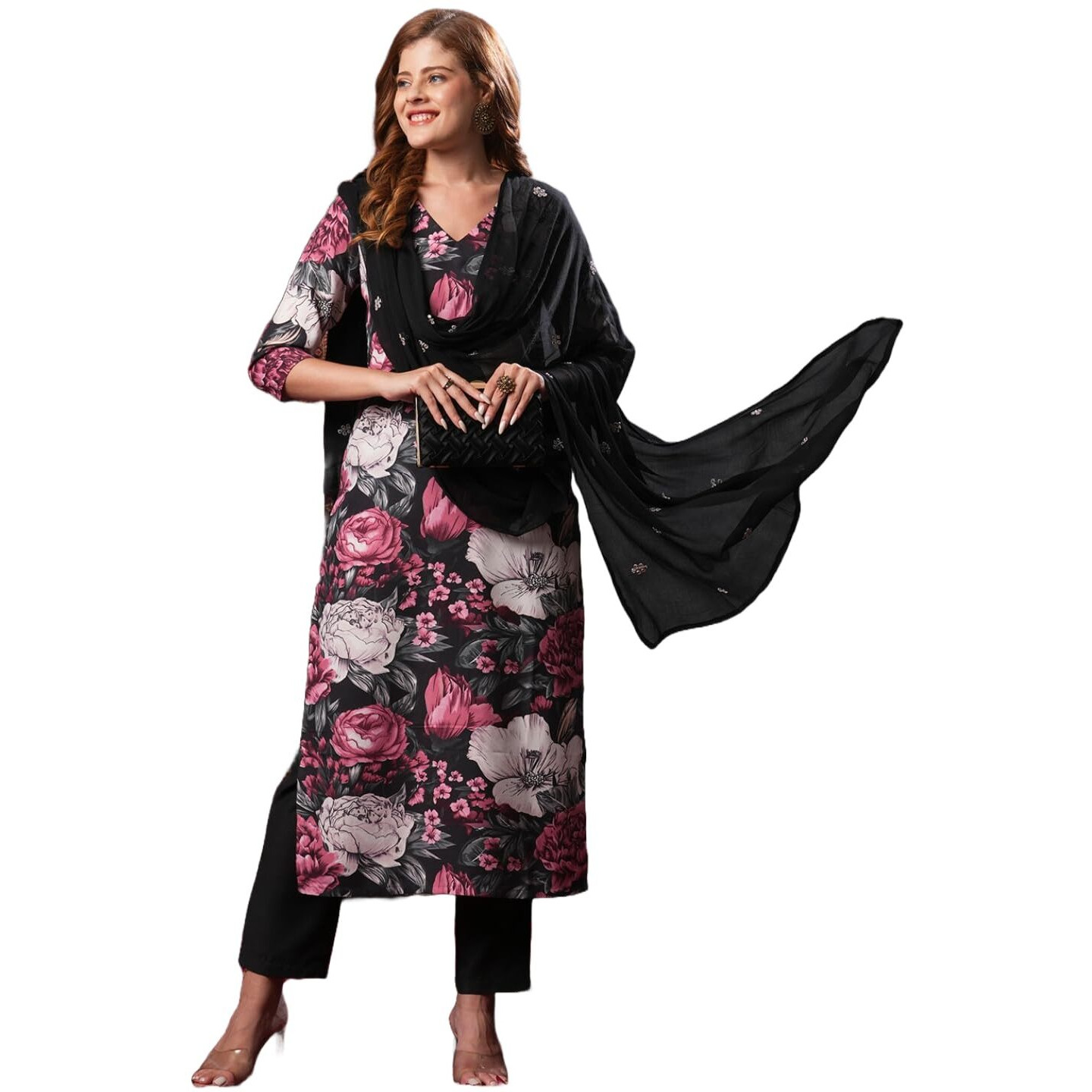 ANNI DESIGNER Women's Rayon Blend Straight Printed Kurta with Pant & Dupatta (Poona Black-VKS01_XXL_Black_XX-Large)