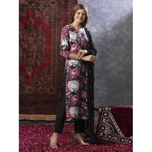 ANNI DESIGNER Women's Rayon Blend Straight Printed Kurta with Pant & Dupatta (Poona Black-VKS01_XXL_Black_XX-Large)