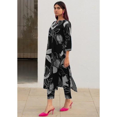 ANNI DESIGNER Women's Cotton Blend Straight Printed Kurta with Pant (ANAAR-Black_M_Black_Medium)