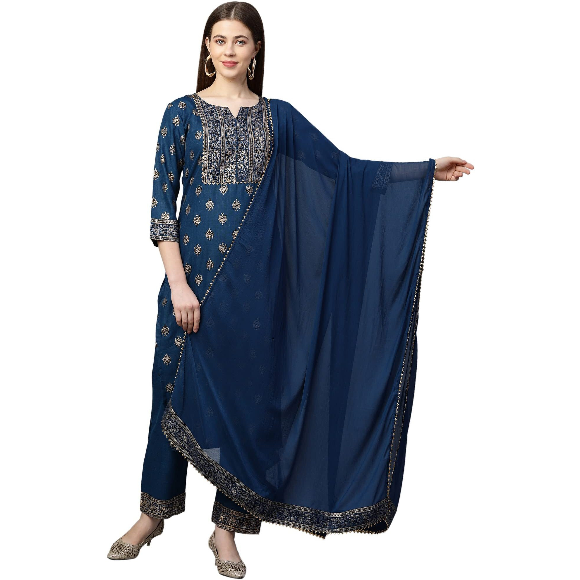 ANNI DESIGNER Women's Cotton Straight Kurta with Pant & Dupatta (KPTD-COT-10132-BLUE_M_Blue_Medium)