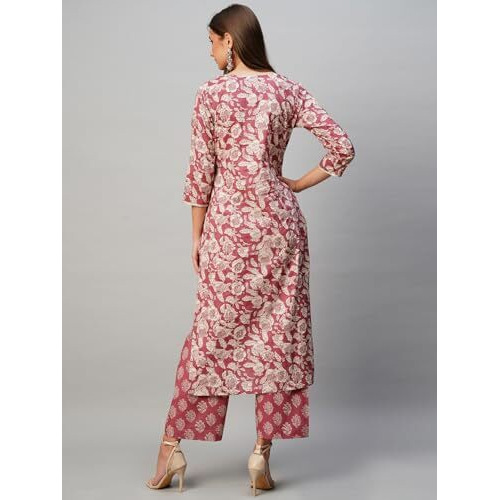 ANNI DESIGNER Women's Cotton Blend Straight Printed Kurta with Pant (Soking Pink_S_Pink_Small)