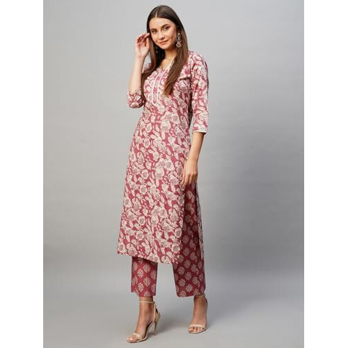 ANNI DESIGNER Women's Cotton Blend Straight Printed Kurta with Pant (Soking Pink_S_Pink_Small)