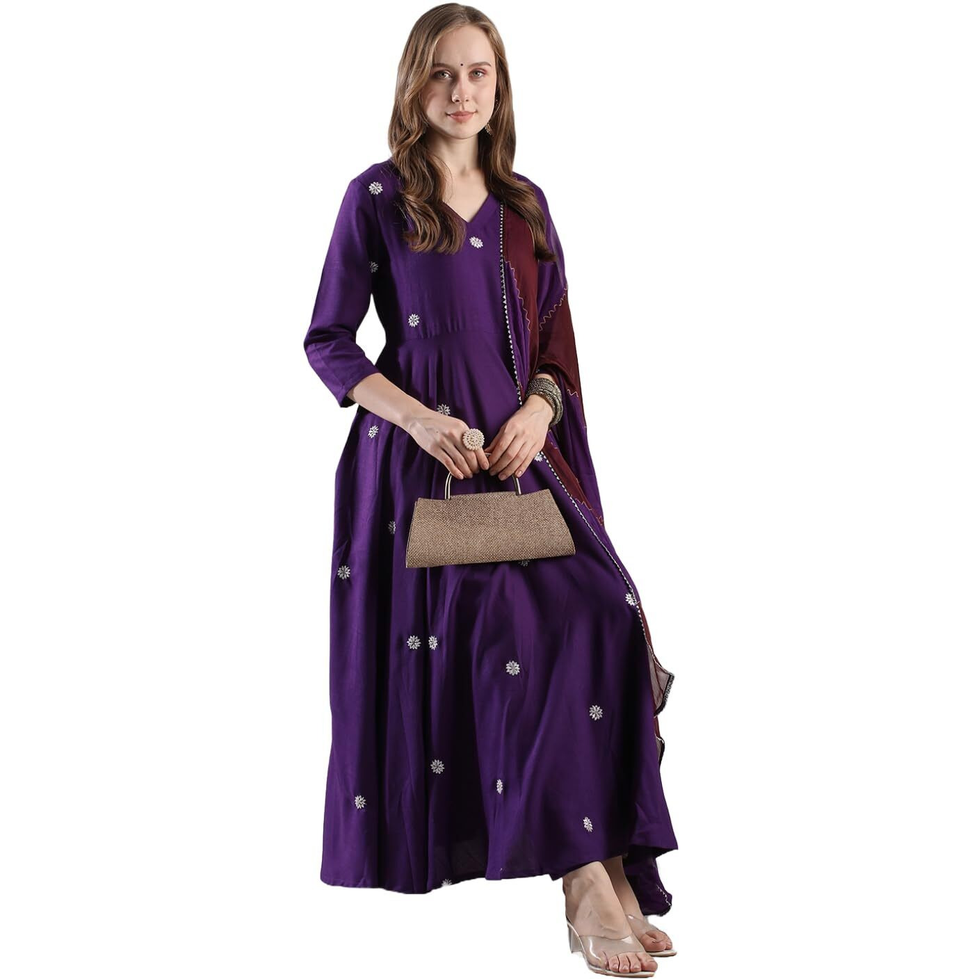 ANNI DESIGNER Women's Rayon Blend Anarkali Embroidered Kurta with Pant & Dupatta (GSK-PURPLE-VKS03_S_Purple_Small)