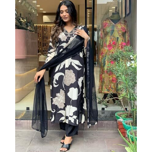 ANNI DESIGNER Women's Rayon Blend Straight Fit Printed Kurta with Pant & Dupatta (KALAL Black_L_Black_Large)