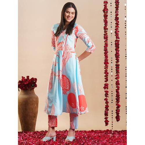 ANNI DESIGNER Women's Rayon Blend Anarkali Printed Kurta with Pant (Santra Orange-VKS05_L_Orange_Large)