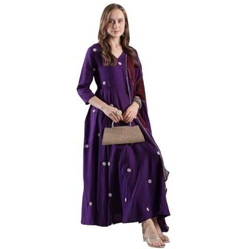 ANNI DESIGNER Women's Rayon Blend Anarkali Embroidered Kurta with Pant & Dupatta (GSK-PURPLE-VKS03_XL_Purple_X-Large)