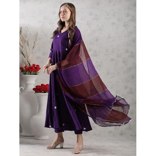 ANNI DESIGNER Women's Rayon Blend Anarkali Embroidered Kurta with Pant & Dupatta (GSK-PURPLE-VKS03_XL_Purple_X-Large)
