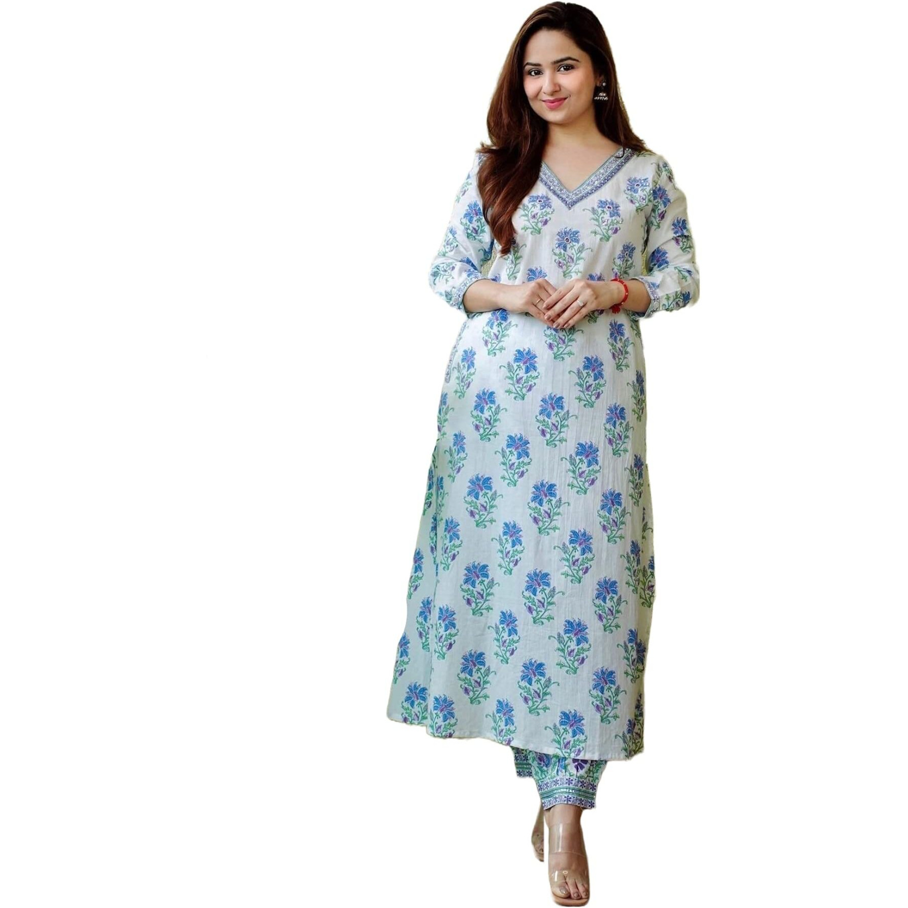 ANNI DESIGNER Women's Cotton Blend Printed Straight Kurta with Pant (Dhara White_XXL_White_XX-Large)