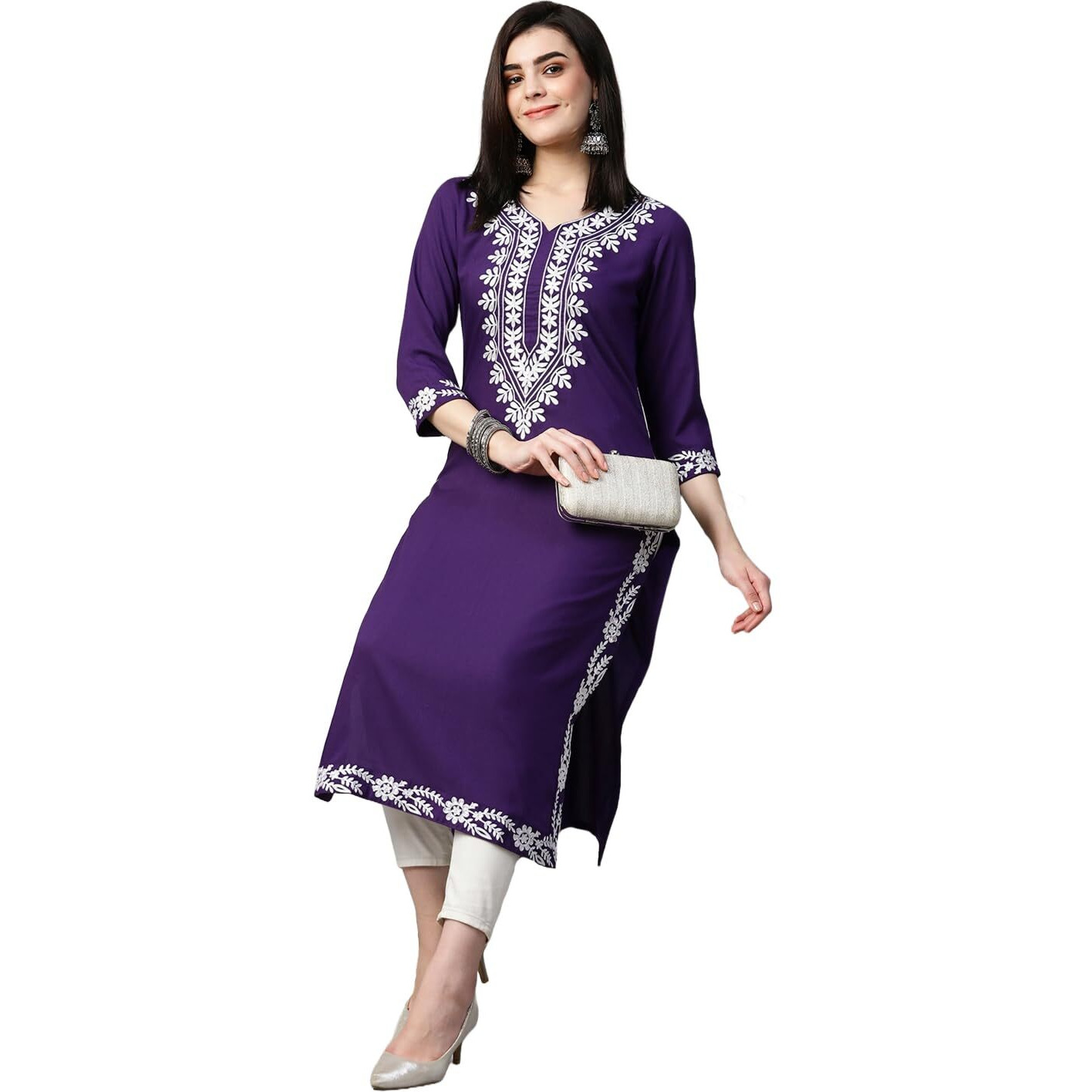 ANNI DESIGNER Women's Cotton Blend Chikankari Embroidered Straight Kurta (Roomali Purple-VGT_S_Purple_Small)