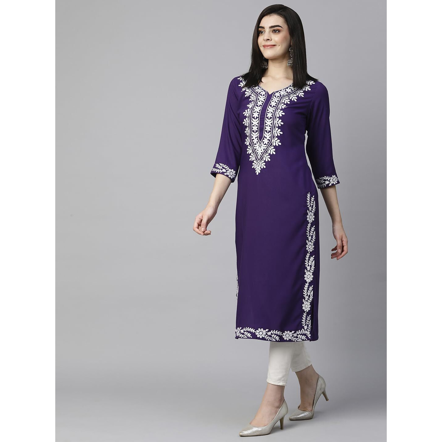 ANNI DESIGNER Women's Cotton Blend Chikankari Embroidered Straight Kurta (Roomali Purple-VGT_S_Purple_Small)