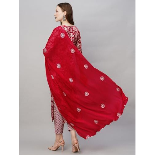 ANNI DESIGNER Women's Cotton Blend Straight Printed Kurta with Pant & Dupatta (MEI Red_S_Red_Small)