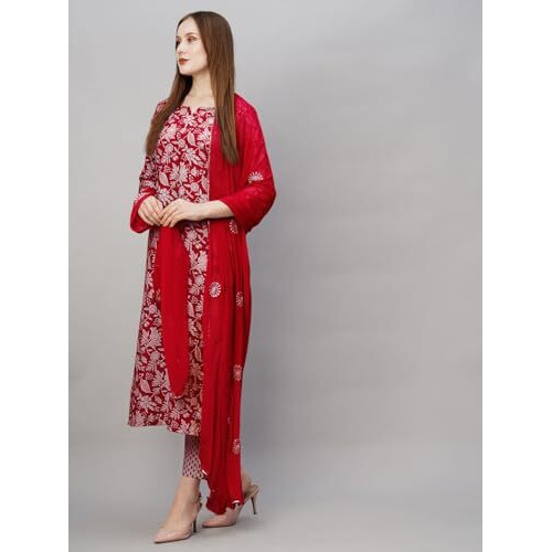 ANNI DESIGNER Women's Cotton Blend Straight Printed Kurta with Pant & Dupatta (MEI Red_S_Red_Small)