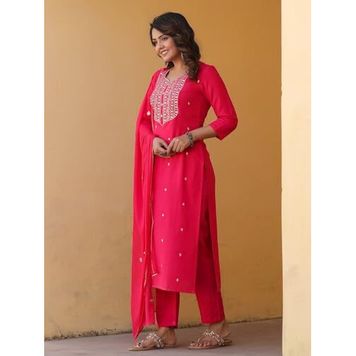 ANNI DESIGNER Women's Rayon Blend Embroidered Straight Kurta with Pant & Dupatta (Kasturi Pink-NW_XL_Pink_X-Large)
