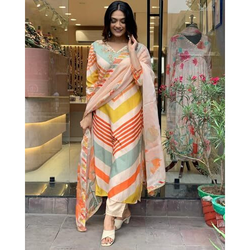 ANNI DESIGNER Women's Cotton Blend Straight Printed Kurta with Pant & Dupatta (Dhimi Cream_S_Cream_Small)