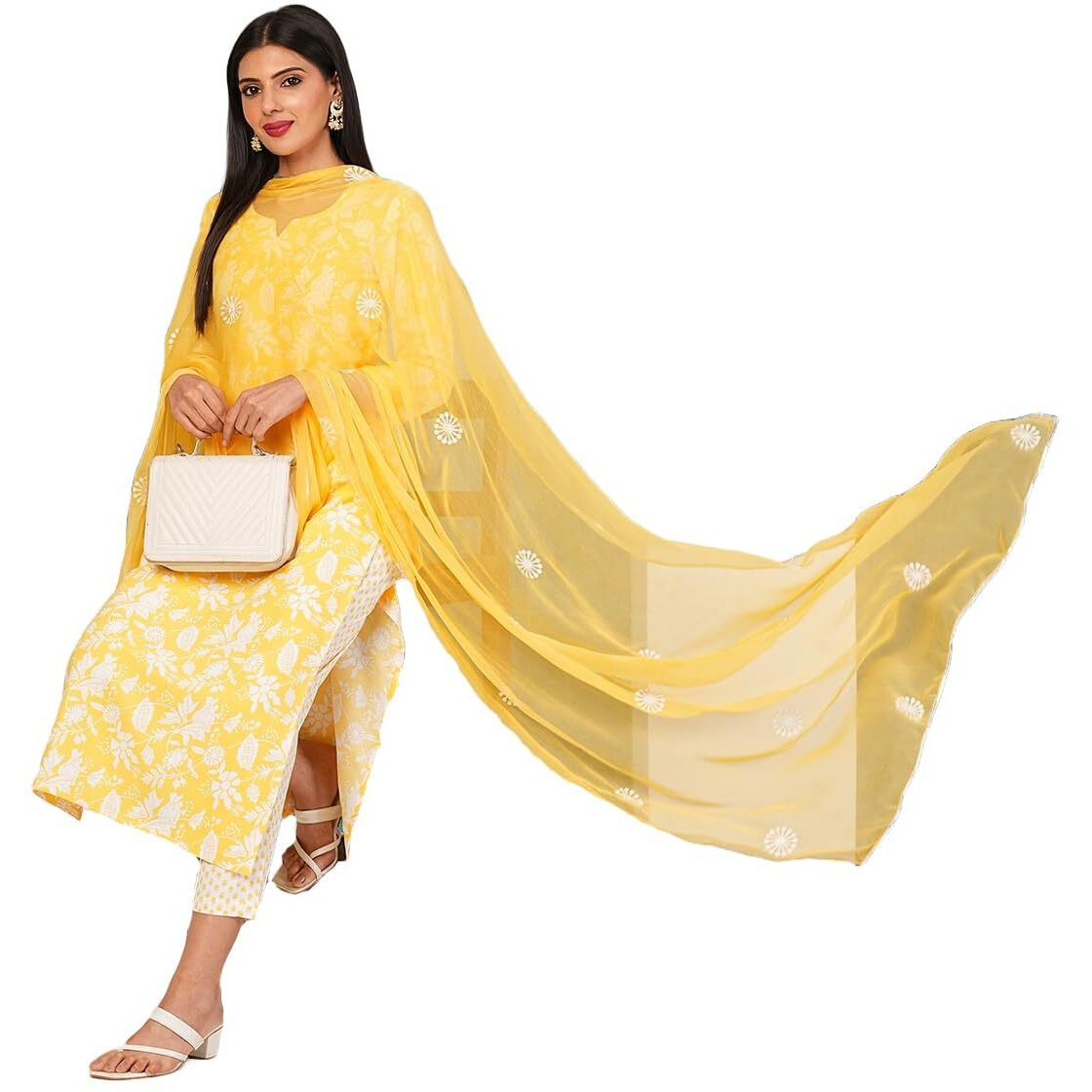 ANNI DESIGNER Women's Cotton Blend Straight Printed Kurta with Pant & Dupatta (MEI Yellow-ND_S_Yellow_Small)