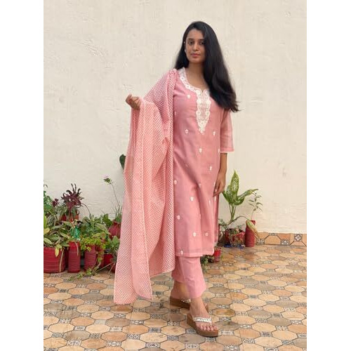 ANNI DESIGNER Women's Cotton Blend Straight Embroidered Kurta with Pant & Dupatta (YEAREND Pink_S_Pink_Small)