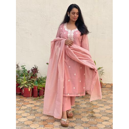 ANNI DESIGNER Women's Cotton Blend Straight Embroidered Kurta with Pant & Dupatta (YEAREND Pink_S_Pink_Small)