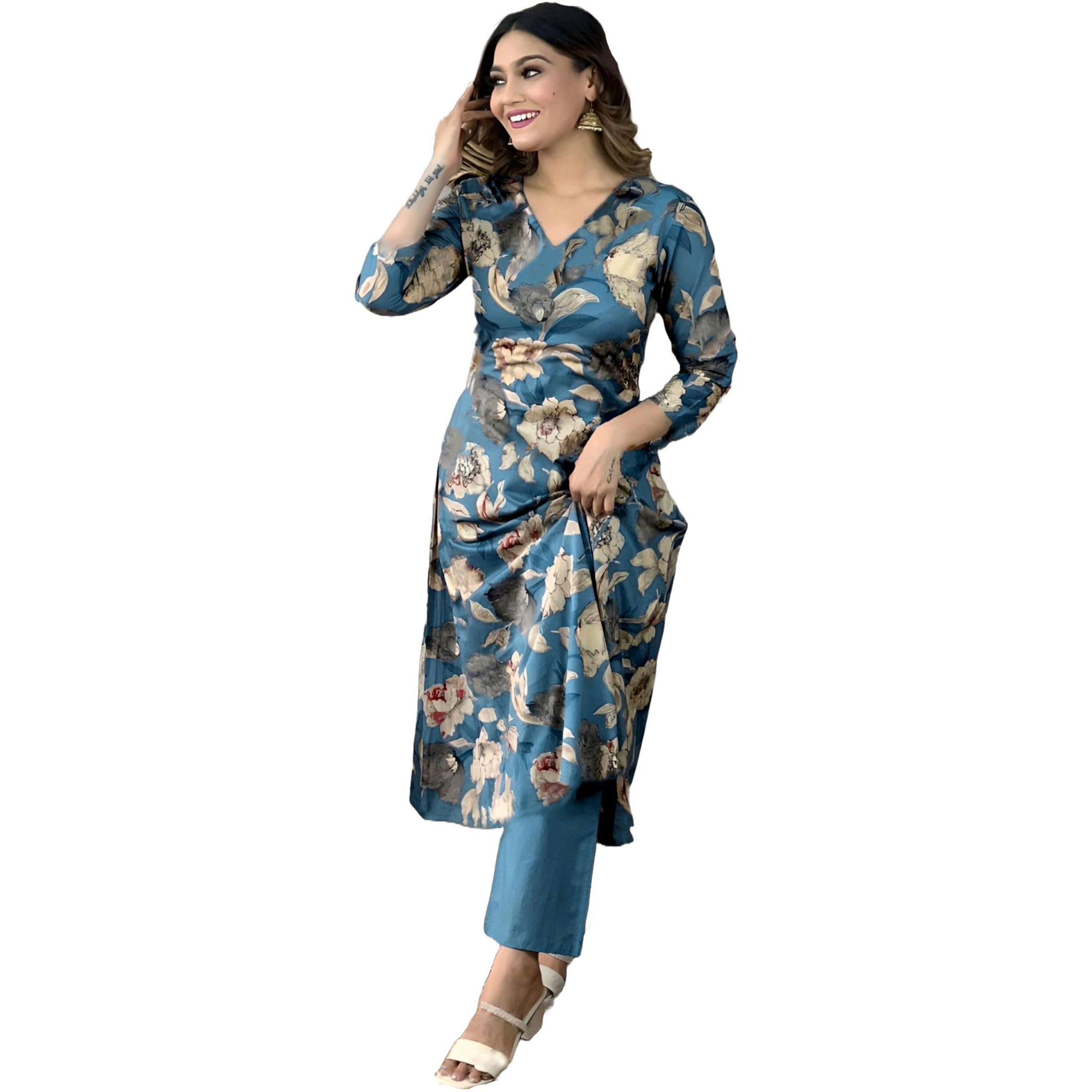 ANNI DESIGNER Women's Cotton Blend Straight Printed Kurta with Pant (DHUN CEROSIN_S_Dark Blue_Small)