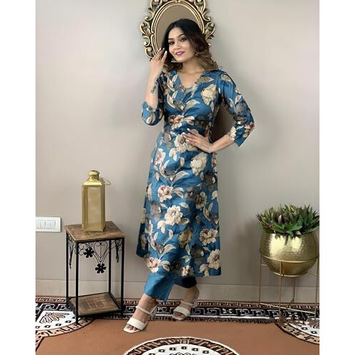 ANNI DESIGNER Women's Cotton Blend Straight Printed Kurta with Pant (DHUN CEROSIN_S_Dark Blue_Small)