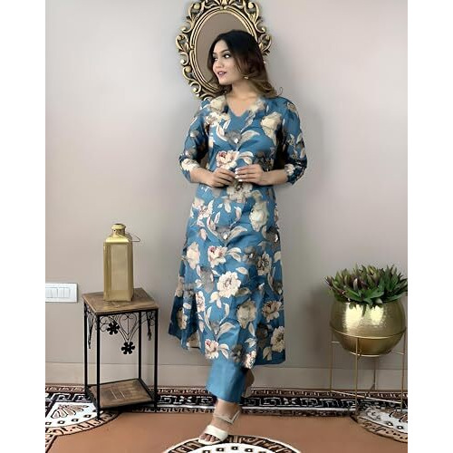 ANNI DESIGNER Women's Cotton Blend Straight Printed Kurta with Pant (DHUN CEROSIN_S_Dark Blue_Small)
