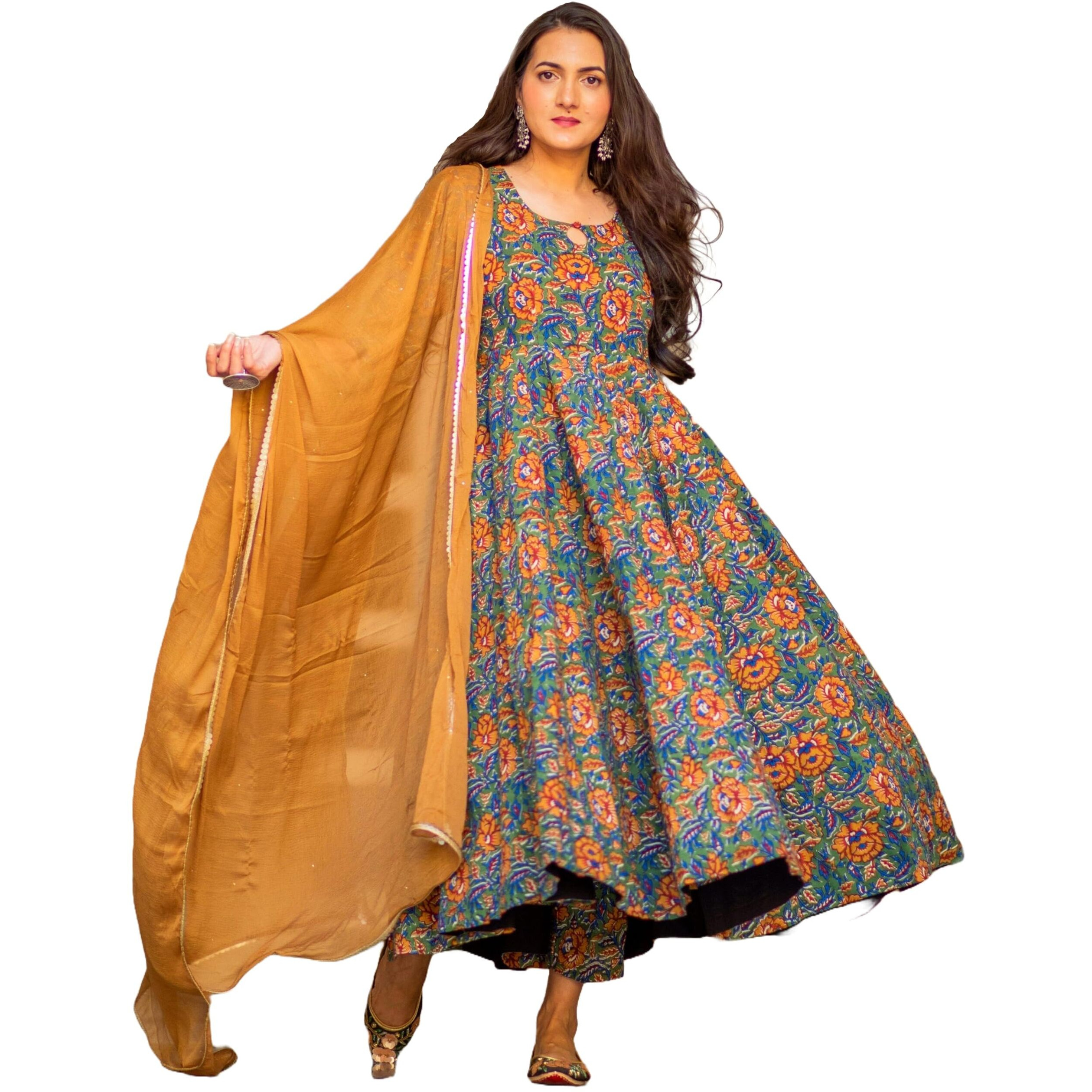 ANNI DESIGNER Women's Rayon Blend Bagru Printed Anarkali Kurta with Pant & Dupatta (Locket-Multi_L_Mustard_Large)