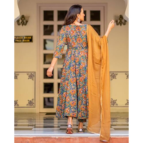 ANNI DESIGNER Women's Rayon Blend Bagru Printed Anarkali Kurta with Pant & Dupatta (Locket-Multi_L_Mustard_Large)