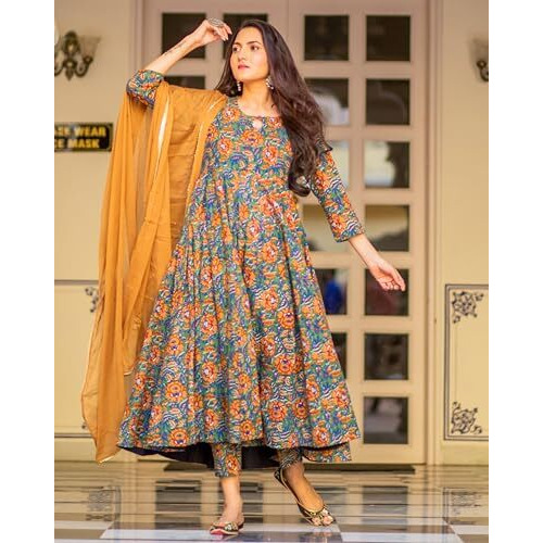 ANNI DESIGNER Women's Rayon Blend Bagru Printed Anarkali Kurta with Pant & Dupatta (Locket-Multi_L_Mustard_Large)