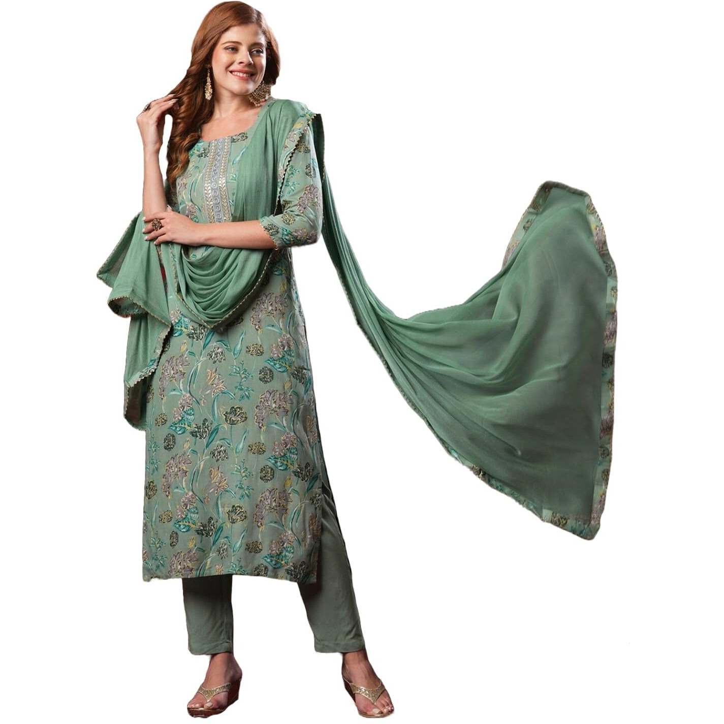 ANNI DESIGNER Women's Rayon Blend Printed Straight Kurta with Pant & Dupatta (VICE Green-VKS03_XL_Green_X-Large)
