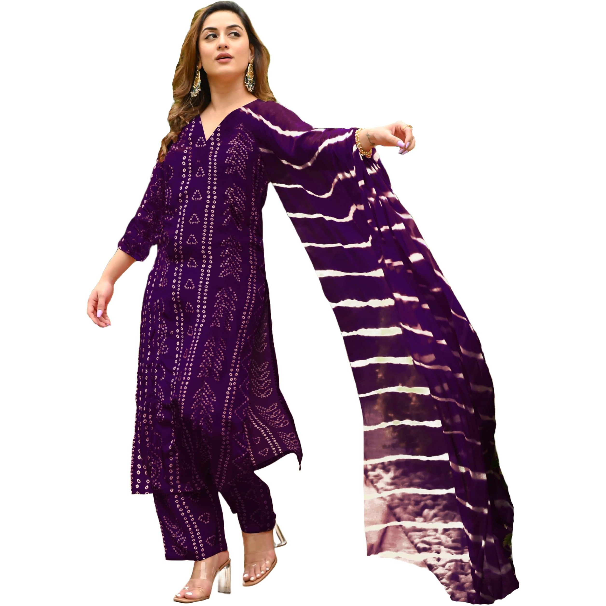 ANNI DESIGNER Women's Rayon Blend Straight Bandhej Printed Kurta with Pant & Dupatta (Baghira Begani-VKS01_M_Begani_Medium)