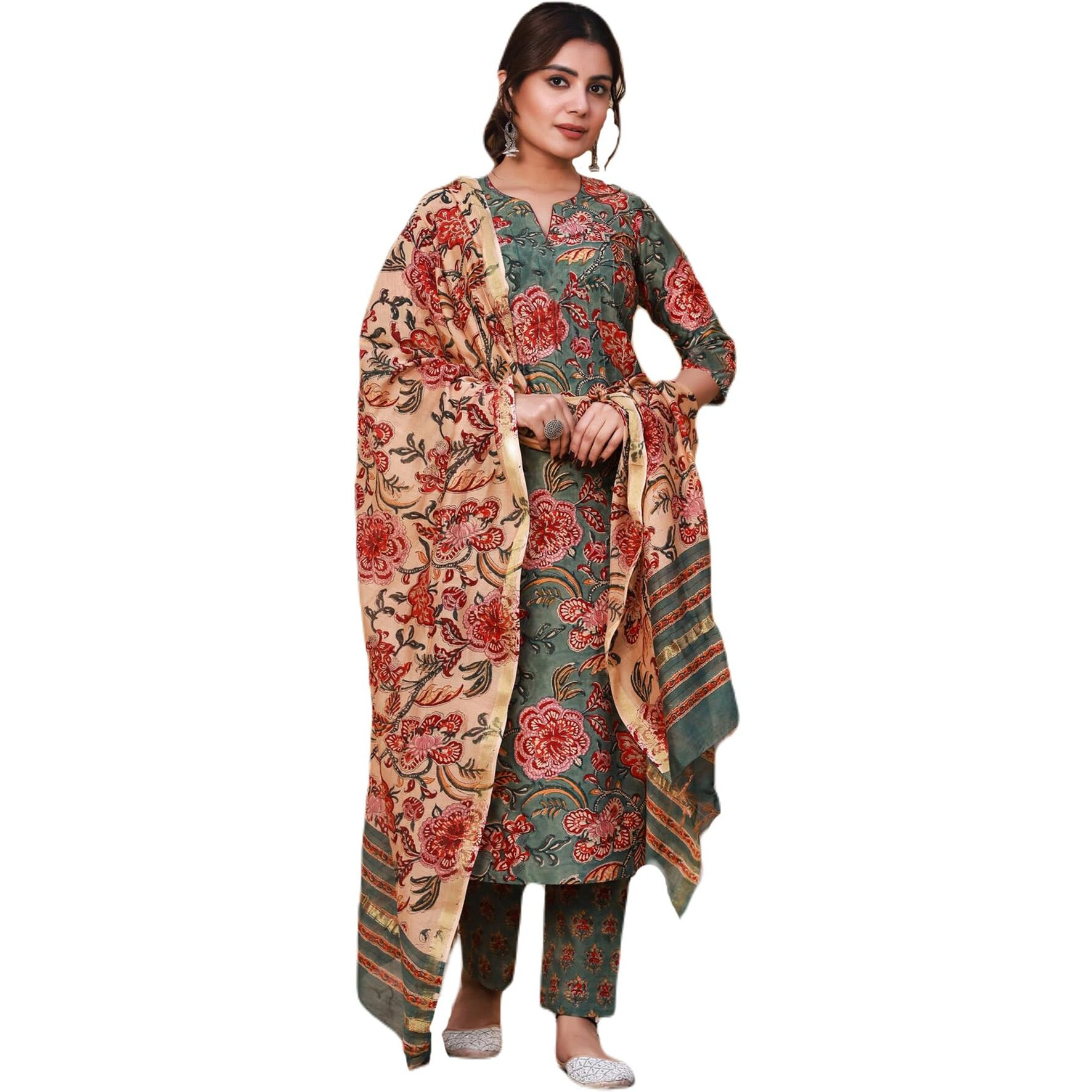 ANNI DESIGNER Women's Rayon Blend Printed Straight Kurta with Pant & Dupatta (FTA Green-NRK_M_Green_Medium)