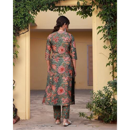 ANNI DESIGNER Women's Rayon Blend Printed Straight Kurta with Pant & Dupatta (FTA Green-NRK_M_Green_Medium)