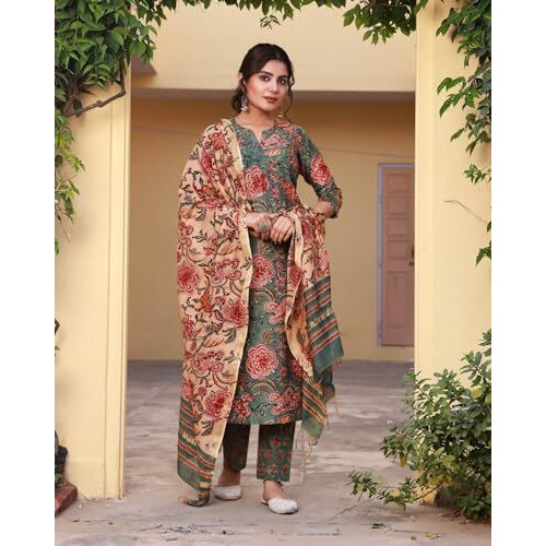 ANNI DESIGNER Women's Rayon Blend Printed Straight Kurta with Pant & Dupatta (FTA Green-NRK_M_Green_Medium)