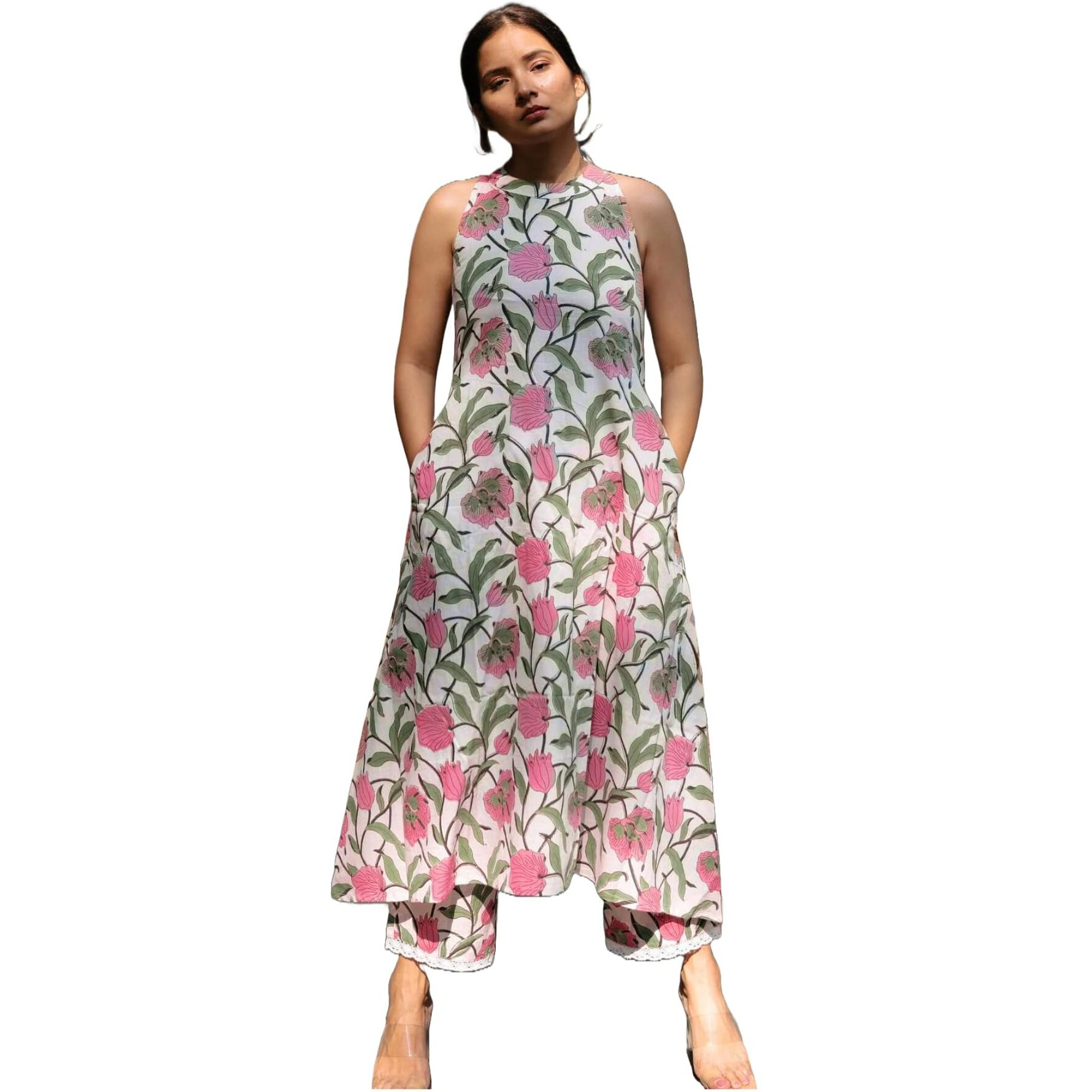 ANNI DESIGNER Women's Rayon Blend Straight Block Printed Kurta with Pant (GULBAGH Multi_M_White_Medium)