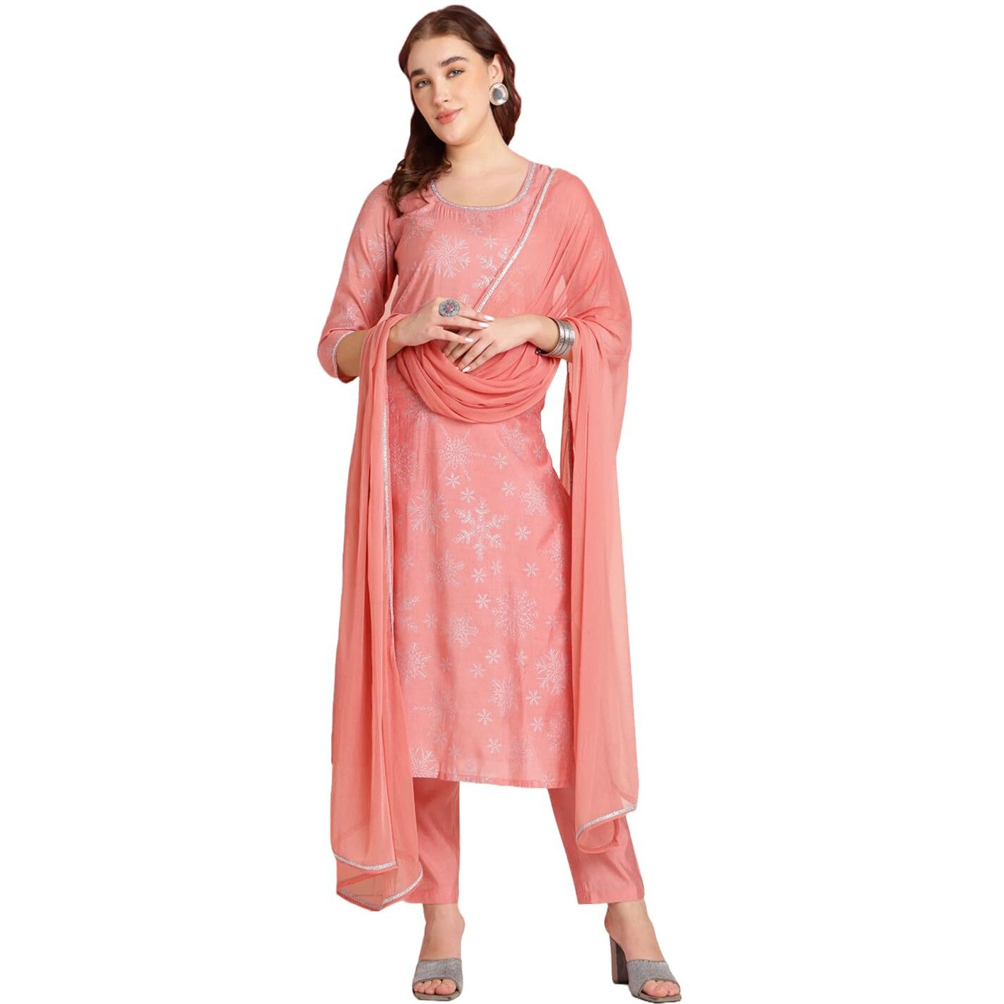 ANNI DESIGNER Women's Rayon Blend Printed Straight Kurta with Pant & Dupatta (VAYU Peach_XL_Peach_X-Large)