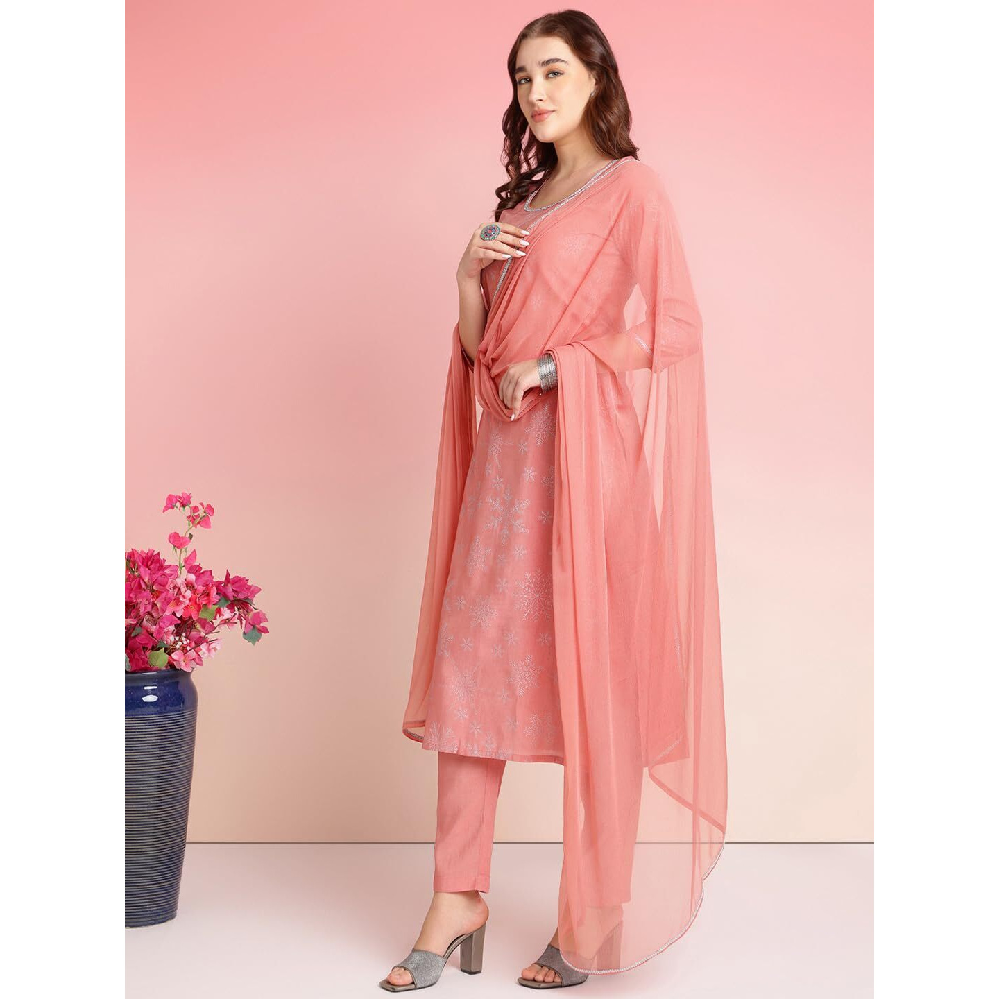 ANNI DESIGNER Women's Rayon Blend Printed Straight Kurta with Pant & Dupatta (VAYU Peach_XL_Peach_X-Large)