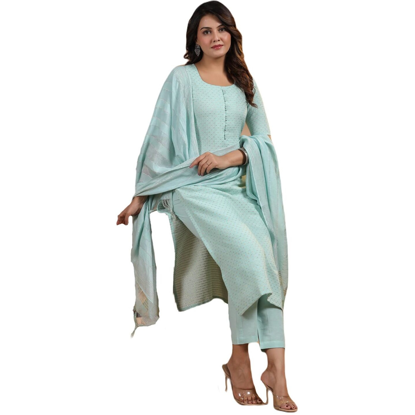 ANNI DESIGNER Women's Rayon Blend Printed Straight Kurta with Pant & Dupatta (Nukad Green_XL_Green_X-Large)