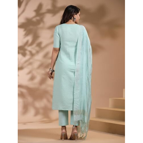 ANNI DESIGNER Women's Rayon Blend Printed Straight Kurta with Pant & Dupatta (Nukad Green_XL_Green_X-Large)