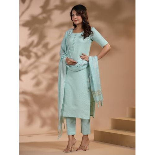 ANNI DESIGNER Women's Rayon Blend Printed Straight Kurta with Pant & Dupatta (Nukad Green_XL_Green_X-Large)