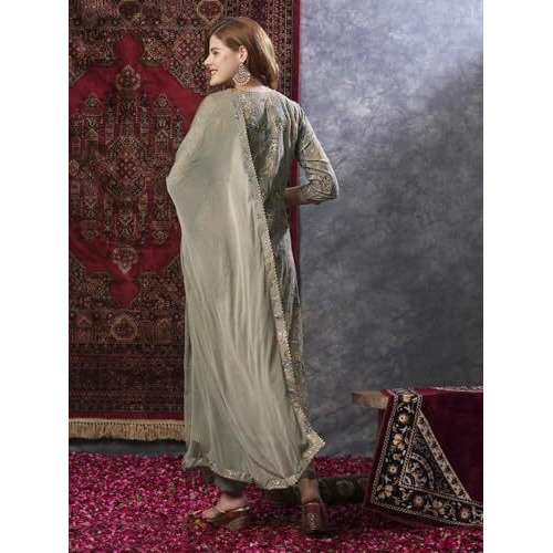 ANNI DESIGNER Women's Rayon Blend Printed Straight Kurta with Pant & Dupatta (VICE Grey-VKS03_XL_Grey_X-Large)