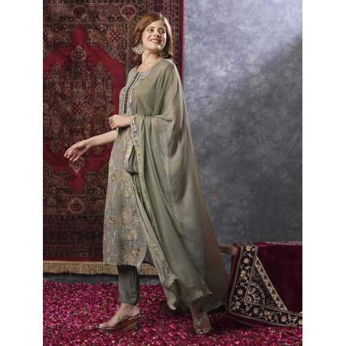 ANNI DESIGNER Women's Rayon Blend Printed Straight Kurta with Pant & Dupatta (VICE Grey-VKS03_XL_Grey_X-Large)