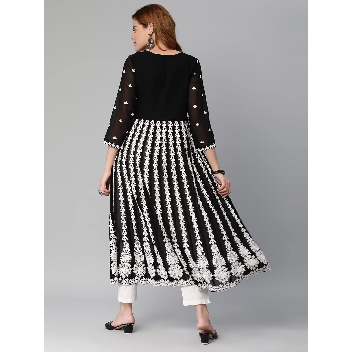 ANNI DESIGNER Women's Georgette Chikankari Embroidered Anarkali Kurti (Kari Black_L_Black_Large)