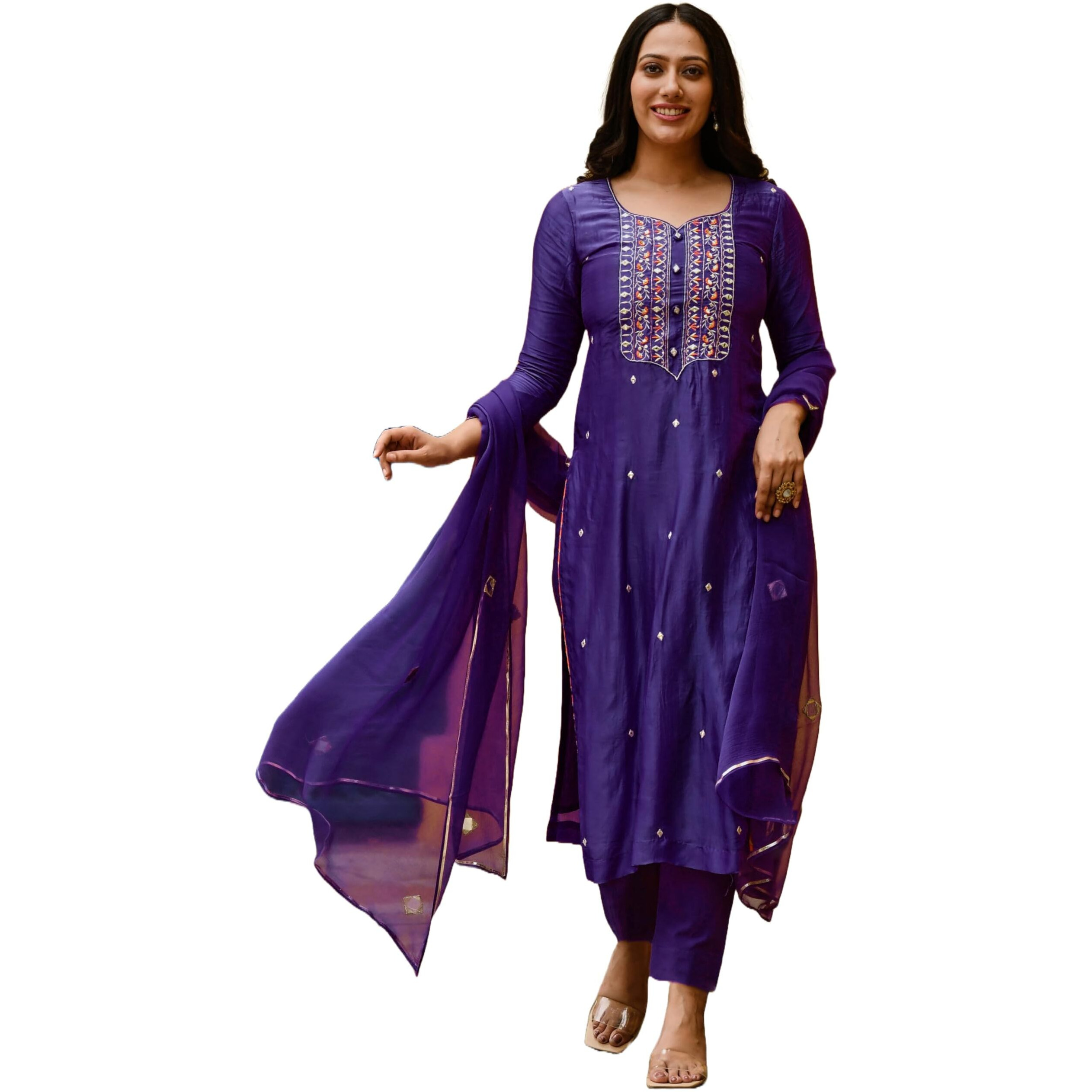 ANNI DESIGNER Women's Cotton Blend Embroidered Straight Kurta with Pant & Dupatta (Kasturi Begani_4XL_Blue_XXXX-Large)