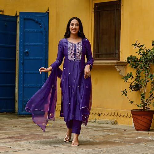 ANNI DESIGNER Women's Cotton Blend Embroidered Straight Kurta with Pant & Dupatta (Kasturi Begani_4XL_Blue_XXXX-Large)