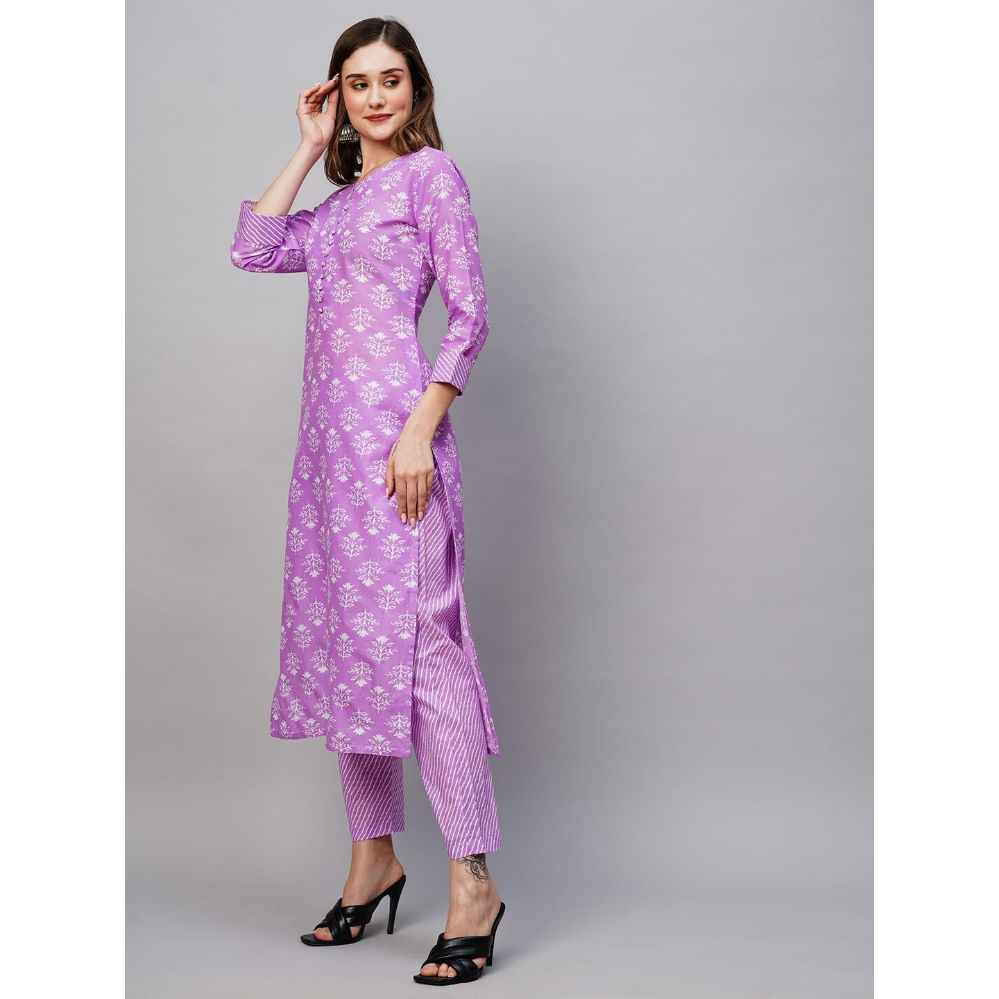 ANNI DESIGNER Women's Cotton Blend Printed Straight Kurta with Pant (KIDYA Purple_S_Purple_Small)