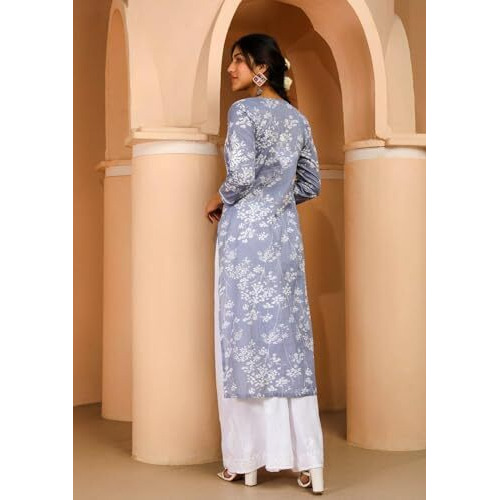 ANNI DESIGNER Women's Cotton Blend Chikankari Embroidered Straight Kurta (Zainab Grey_S_Grey_Small)