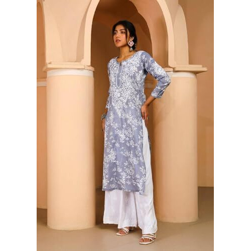 ANNI DESIGNER Women's Cotton Blend Chikankari Embroidered Straight Kurta (Zainab Grey_S_Grey_Small)