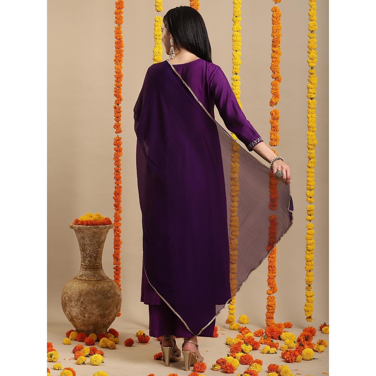 ANNI DESIGNER Women's Rayon Blend Anarkali Embroidered Kurta with Pant & Dupatta (Nachiket Begani-VKS01_S_Begani_Small)