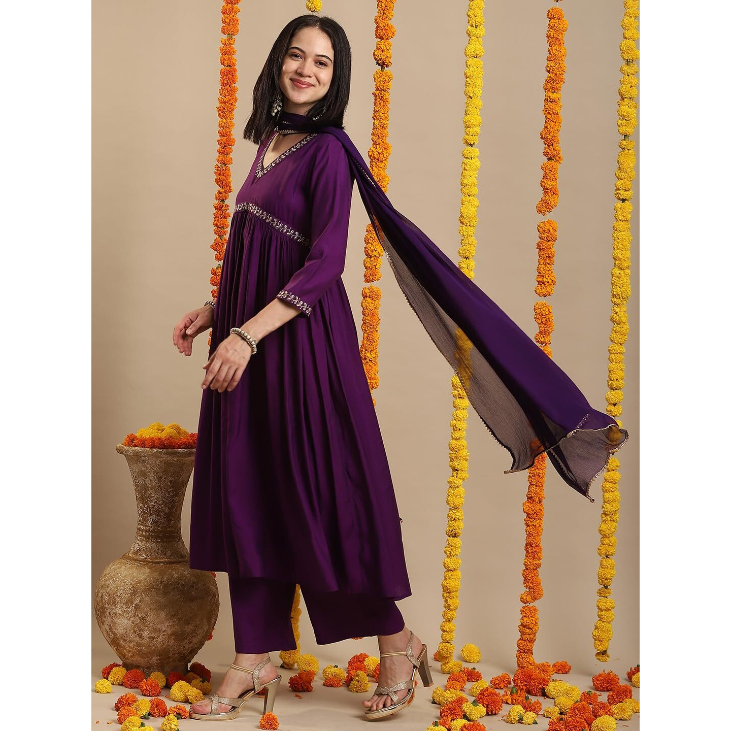 ANNI DESIGNER Women's Rayon Blend Anarkali Embroidered Kurta with Pant & Dupatta (Nachiket Begani-VKS01_S_Begani_Small)